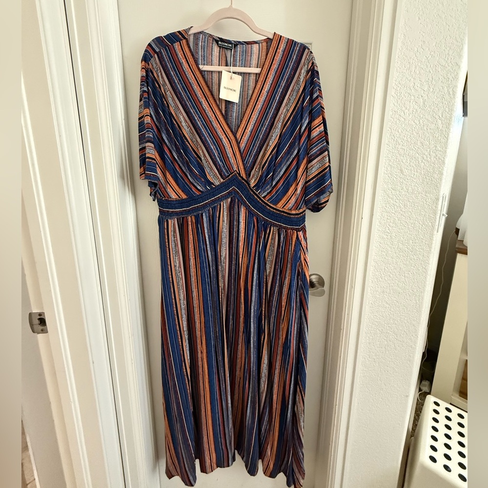 BloomChic Striped V-Neck Maxi Dress in Blue and Rust